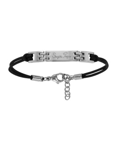 BRACELET ACIER " SUPER PAPA" - PLAQUE IDENTITÉ CORDON NOIR