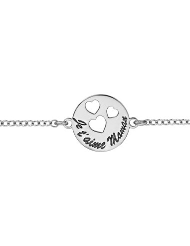 BRACELET RONDELLE "MAMAN JE T'AIME" 3 CŒURS ÉVIDÉS - ARGENT